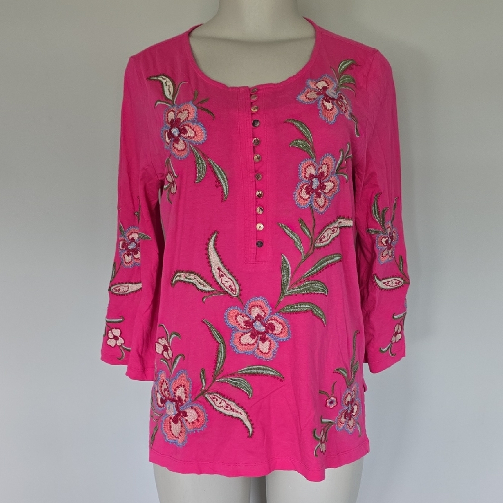 Johnny Was Libbi 3/4 sleeve button frobt embroidered floral top-S